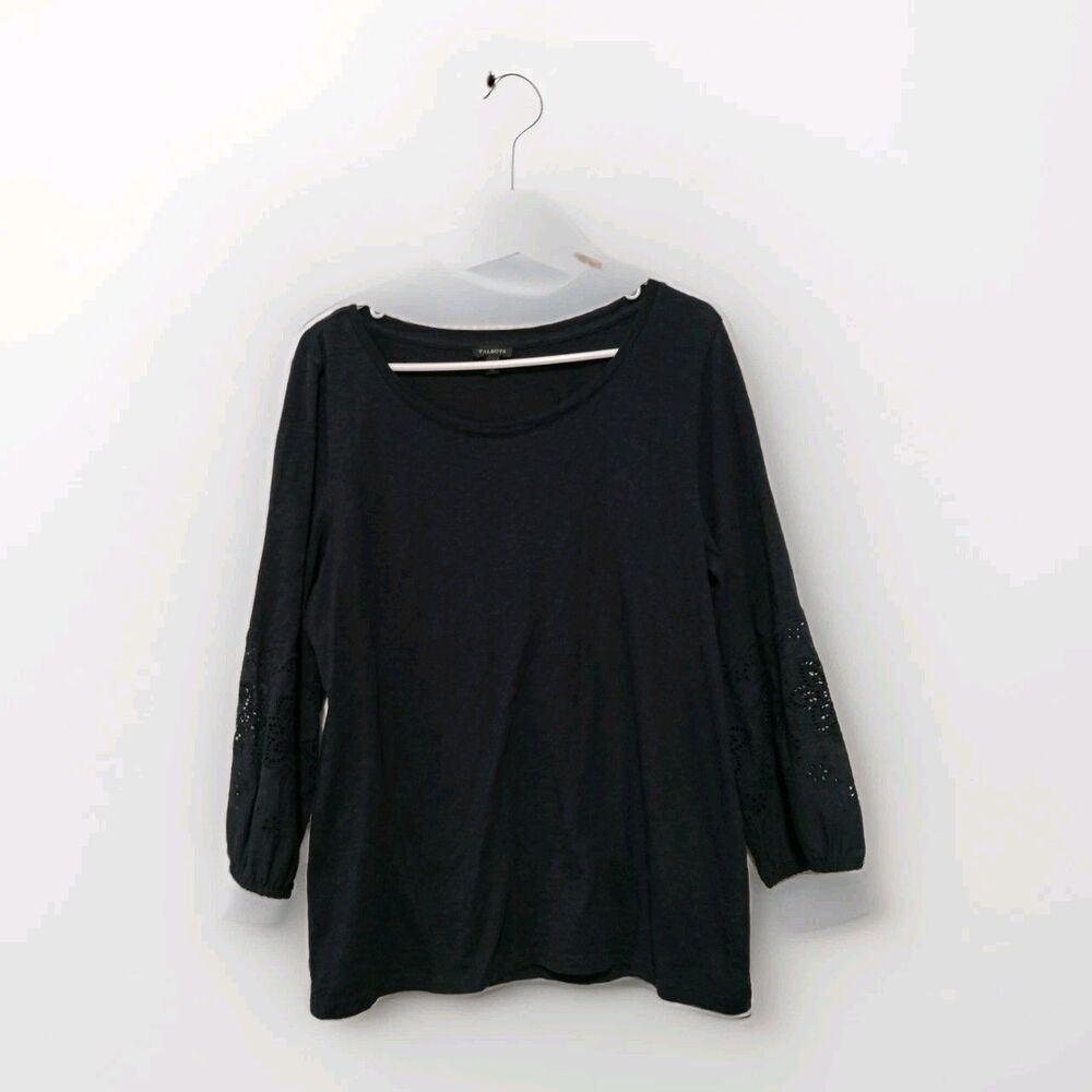 Talbots Top Women’s M Navy Lace Sleeve Boho Cottagecore Romantic Office Workwear